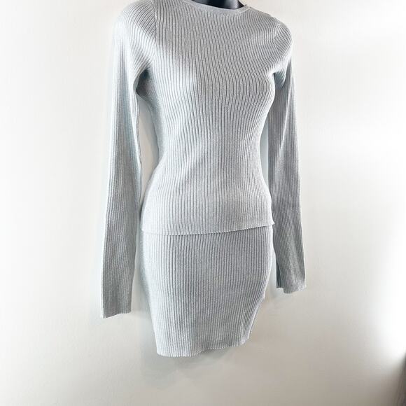 PrettyLittleThing Silver Glitter Knit Open Back Top and Mini Skirt Set S / M - Picture 7 of 12